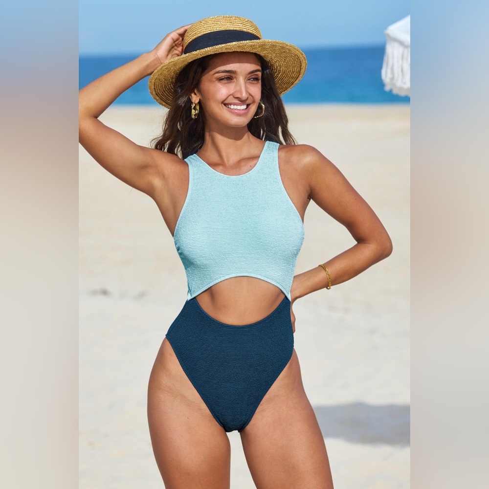 Cupshe Light Blue and Dark Blue Cutout One Piece Swimsuit